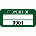 Lustre-Cal PROPERTY OF Label, Polyester Green 1.50in x 0.75in  1 Blank Pad & Serialized 0901-1000, 100PK 253772Pe2G0901